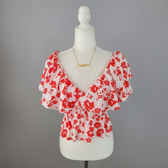 ZARA // cherry red & white floral plunge flutter sleeve low back peplum top - Picture 1 of 6